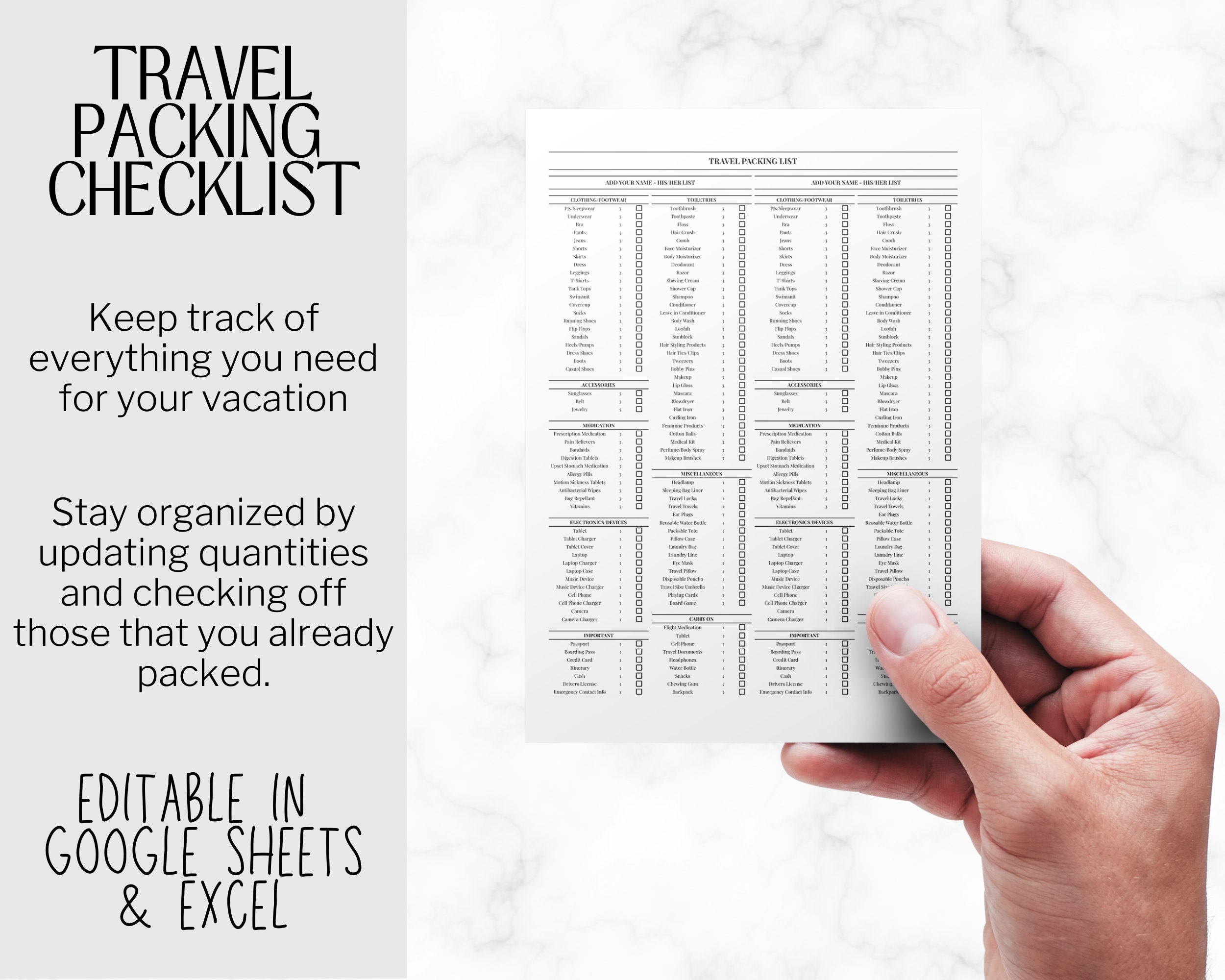 Travel Packing List | Google Sheets Packing Checklist | EDITABLE ...