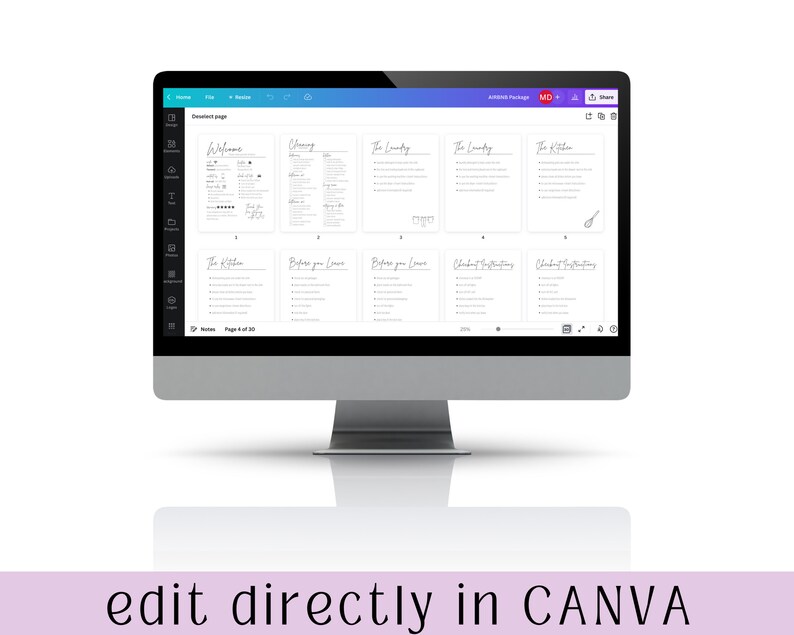 May include: A computer screen displaying a Canva design template for a cleaning checklist. The template includes sections for the kitchen, laundry, and before you leave. The text "edit directly in CANVA" is displayed at the bottom of the screen.