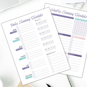 May include: Printable cleaning schedule with a daily, weekly, and monthly section. The daily section has a list of tasks to be completed each day, such as kitchen, bedrooms, bathrooms, family, and misc. The weekly section has a grid for each day of the week, and the monthly section has a list of tasks to be completed each month.