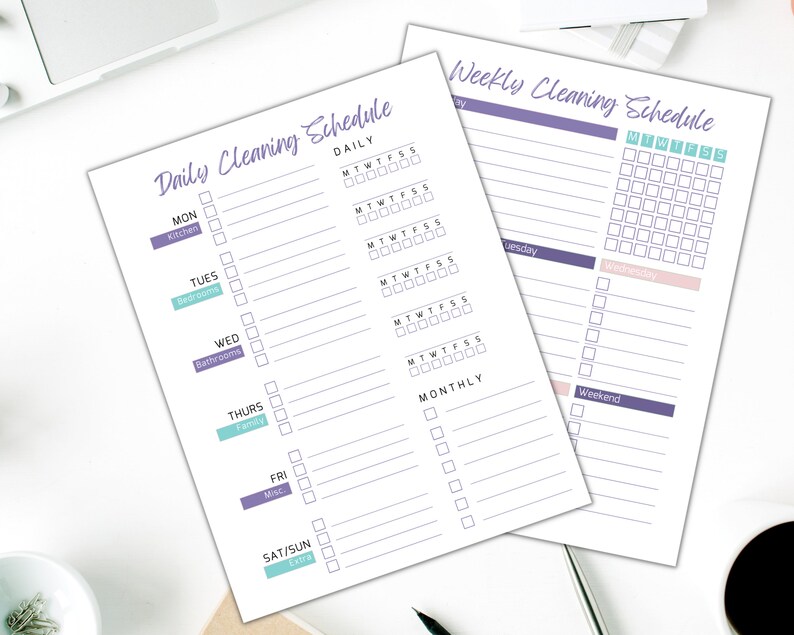 May include: Printable cleaning schedule with a daily, weekly, and monthly section. The daily section has a list of tasks to be completed each day, such as kitchen, bedrooms, bathrooms, family, and misc. The weekly section has a grid for each day of the week, and the monthly section has a list of tasks to be completed each month.