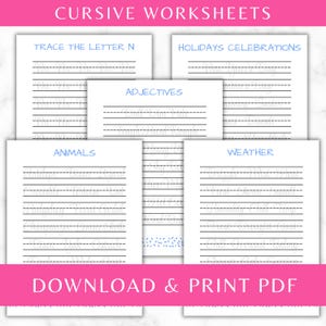 May include: A set of white cursive worksheets with blue headers and text. The pages feature practice lines for tracing words related to the letter N, holidays, adjectives, animals, and weather. The top and bottom banners are bright pink with white text.