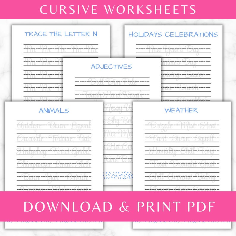 May include: A set of white cursive worksheets with blue headers and text. The pages feature practice lines for tracing words related to the letter N, holidays, adjectives, animals, and weather. The top and bottom banners are bright pink with white text.