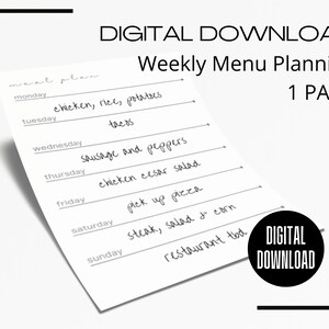 May include: A black and white printable weekly menu planner with the text "meal plan" and "DIGITAL DOWNLOAD" at the top. The planner includes a list of days of the week, Monday through Sunday, with blank lines for meal planning.