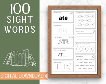 100 Printable Sight Words | Kindergarten Worksheets | Practice Spelling | Phonics Homeschool | Kindergarten 1st Grade