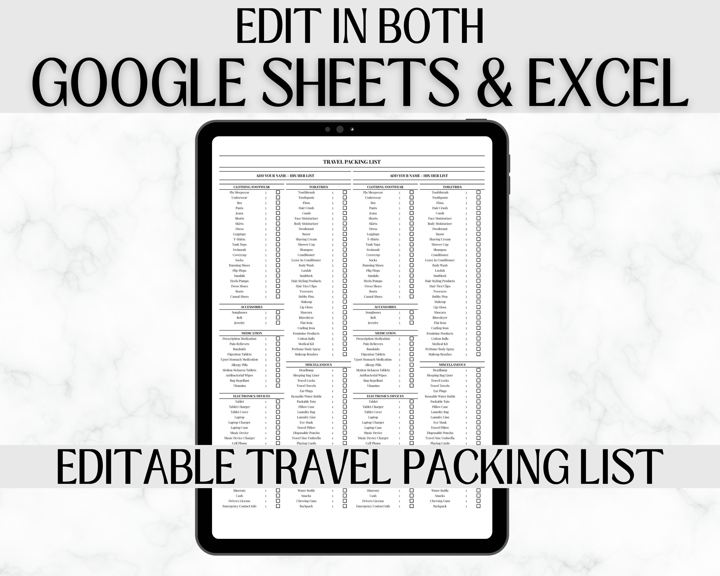 Travel Packing List Google Sheets Packing Checklist EDITABLE Wedding