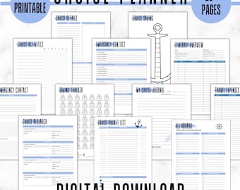 May include: A digital cruise planner set featuring over 20 printable pages with blue accents. Includes templates for cruise details, saving trackers with ship icons, emergency contacts, itineraries, research logs, bucket lists, journals, and checklists.