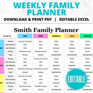 Editable Weekly Schedule | Printable Family Planner | Hourly Day Organizer | PDF & Excel | Instant Digital Download