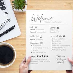 May include: A welcome note for guests staying at a vacation rental. It includes information about the wifi network, contact information for the host, house rules, check-out instructions, and a thank you message. The note is on a white sheet of paper and is held by a person's hands.