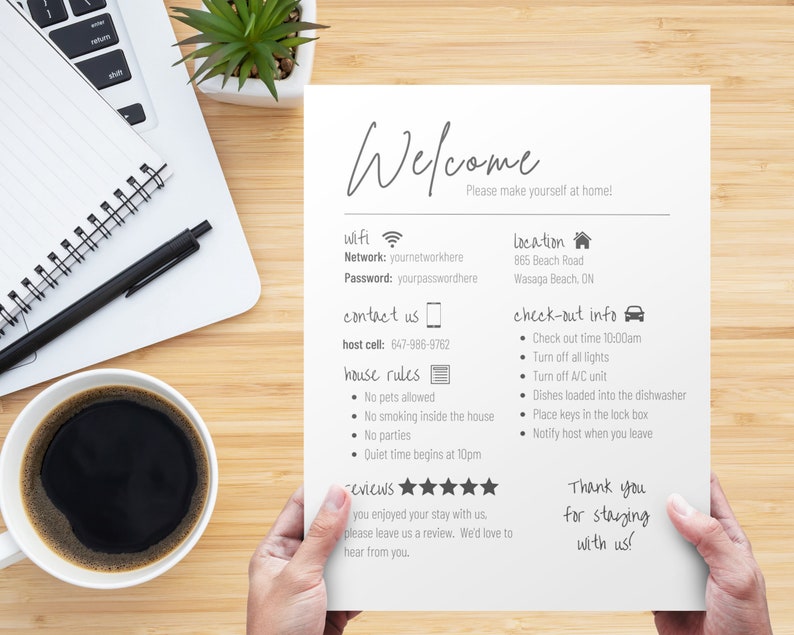 May include: A welcome note for guests staying at a vacation rental. It includes information about the wifi network, contact information for the host, house rules, check-out instructions, and a thank you message. The note is on a white sheet of paper and is held by a person's hands.