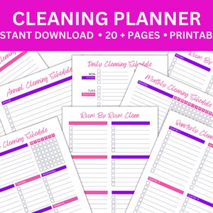 May include: Printable cleaning planner with multiple schedules, including daily, weekly, monthly, quarterly, and annual. The planner features pink and purple accents and includes sections for room-by-room cleaning.