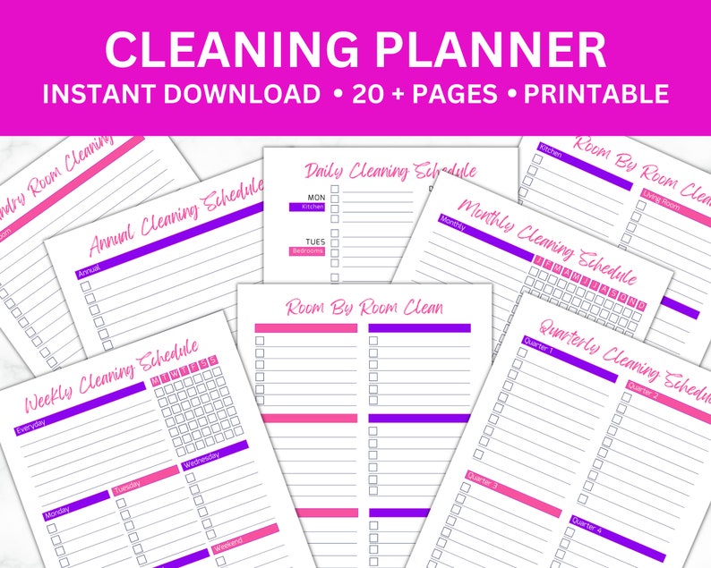 May include: Printable cleaning planner with multiple schedules, including daily, weekly, monthly, quarterly, and annual. The planner features pink and purple accents and includes sections for room-by-room cleaning.