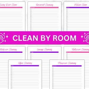 May include: A printable cleaning checklist with a pink and purple color scheme. The checklist is divided into sections for each room of the house, including the living room, basement, kitchen, bedroom, garage, bathroom, office, and playroom. Each section has a list of tasks to be completed.