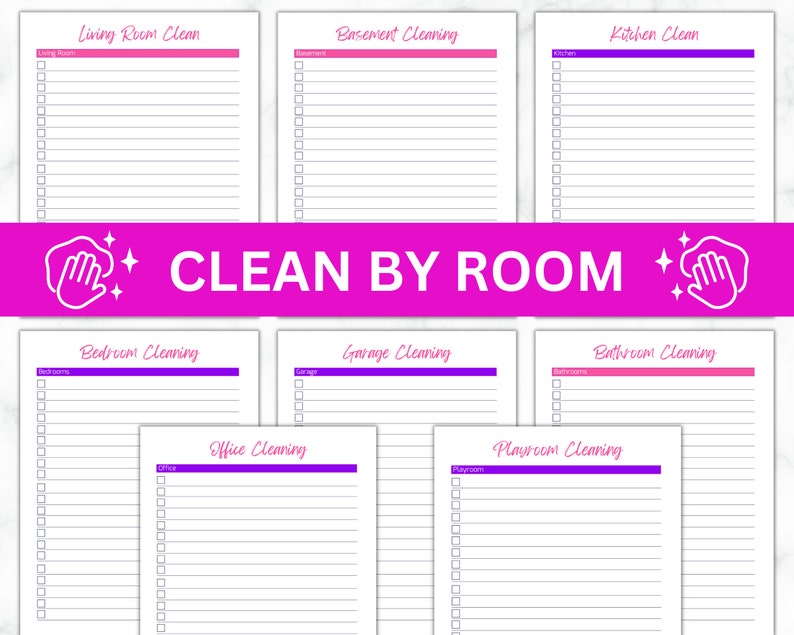 May include: A printable cleaning checklist with a pink and purple color scheme. The checklist is divided into sections for each room of the house, including the living room, basement, kitchen, bedroom, garage, bathroom, office, and playroom. Each section has a list of tasks to be completed.
