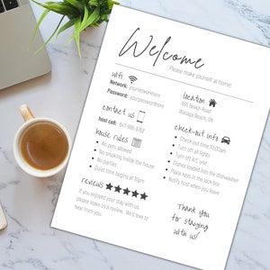 May include: A welcome guide for guests staying at a vacation rental. It includes information about wifi, contact details, house rules, check-out instructions, and a thank you message.