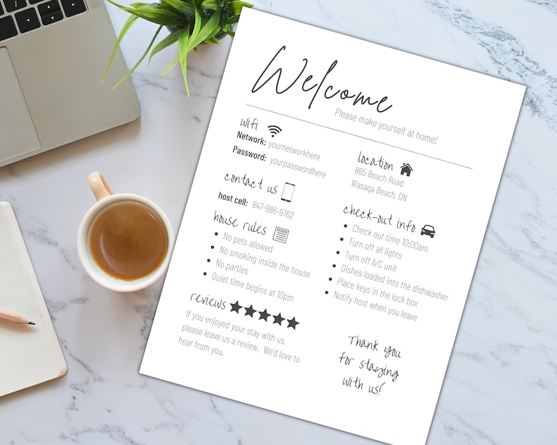 May include: A welcome guide for guests staying at a vacation rental. It includes information about wifi, contact details, house rules, check-out instructions, and a thank you message.