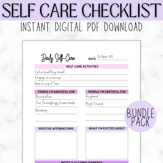 Self Care Checklist Journal | Wellness Planner | Mental Health Tracker | Daily Routine | Mindfulness Workbook | Digital Printable