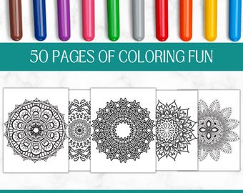 50 Mandala Printable Coloring Sheets | Relaxing Adult Coloring Pages | Instant Digital Download | Stress Relief Activity