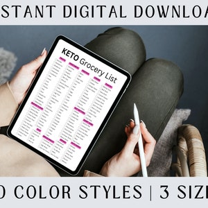 May include: A digital tablet displaying a Keto grocery list with checkboxes next to various food items. The list is organized into categories such as Fruits, Vegetables, Protein, Dairy, Nuts & Seeds, and more. The tablet is being held by a person's hands.
