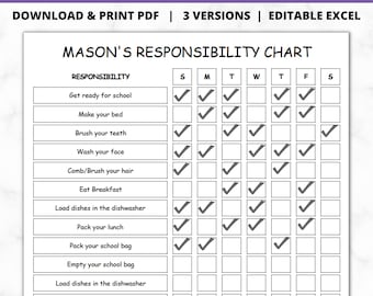 EDITABLE Child Responsibility Chart | Chore Chart | Kids Reward Planner | Organize Tasks for Children