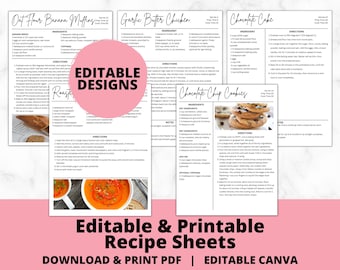 Scheda ricetta modificabile / Modello Canva / Design minimalista / Scarica e stampa / Pianificatore pasti / Ricettario