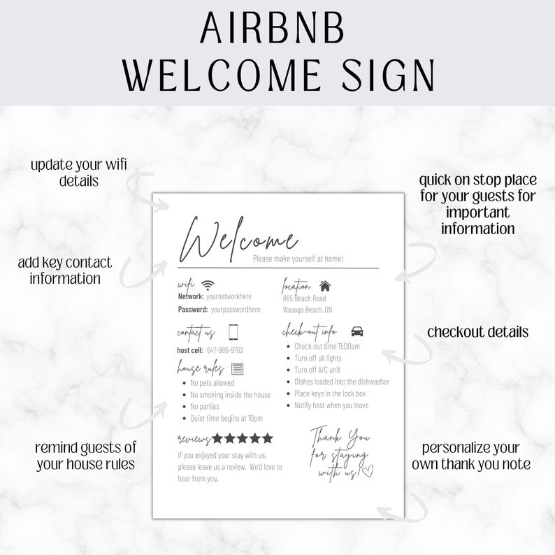 Airbnb Welcome Sign | Editable Printable Sign | Minimalist Design | Editable in Canva | Host Bundle Set | Wifi Template image 4