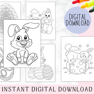 Pode incluir: Um conjunto de cinco p&aacute;ginas para colorir em preto e branco com coelhos da P&aacute;scoa e ovos. Os coelhos est&atilde;o em v&aacute;rias poses, incluindo sentados, dormindo e segurando ovos. Os ovos s&atilde;o decorados com diferentes padr&otilde;es.