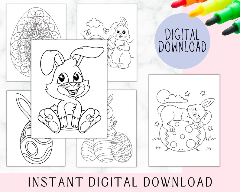 Pode incluir: Um conjunto de cinco p&aacute;ginas para colorir em preto e branco com coelhos da P&aacute;scoa e ovos. Os coelhos est&atilde;o em v&aacute;rias poses, incluindo sentados, dormindo e segurando ovos. Os ovos s&atilde;o decorados com diferentes padr&otilde;es.