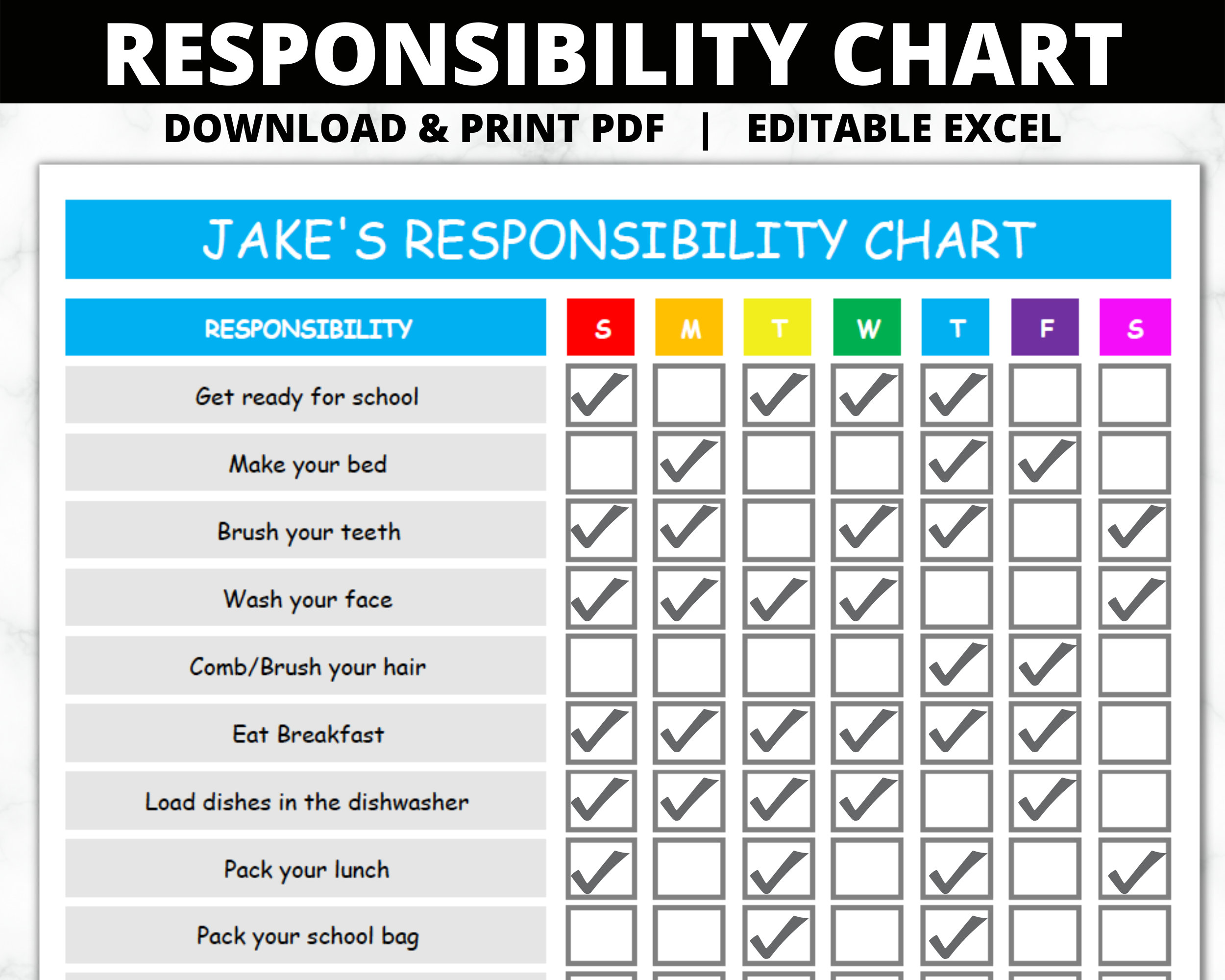 EDITABLE Responsibility Chart Printable Chore Chart Kids Reward Planner ...