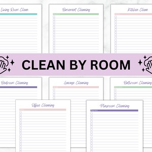 May include: Printable checklist for cleaning different rooms of a house. The checklist includes rooms like living room, kitchen, bathroom, bedroom, office, garage, basement, and playroom. The checklist is designed to help people organize their cleaning tasks.