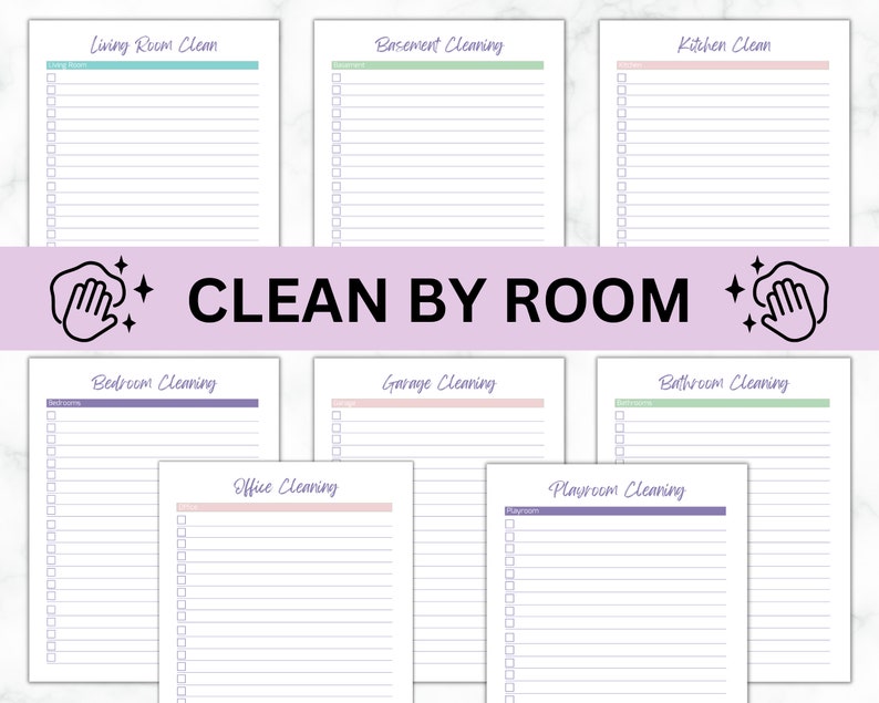 May include: Printable checklist for cleaning different rooms of a house. The checklist includes rooms like living room, kitchen, bathroom, bedroom, office, garage, basement, and playroom. The checklist is designed to help people organize their cleaning tasks.