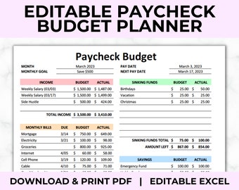 Planificador de presupuesto EDITABLE / Planificador de finanzas quincenal / Rastreador de cheques de pago / Rastreador de cheques de pago / Excel Editable