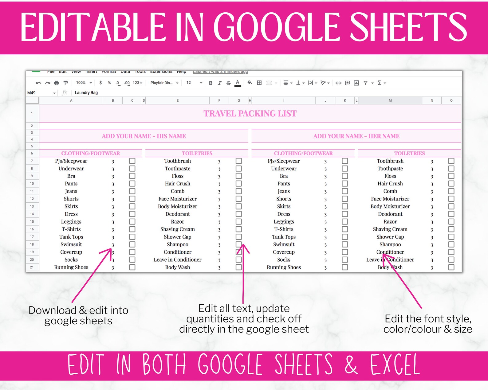Travel Packing List | Google Sheets Packing Checklist | EDITABLE ...