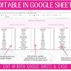 Travel Packing List | Google Sheets Packing Checklist | EDITABLE ...