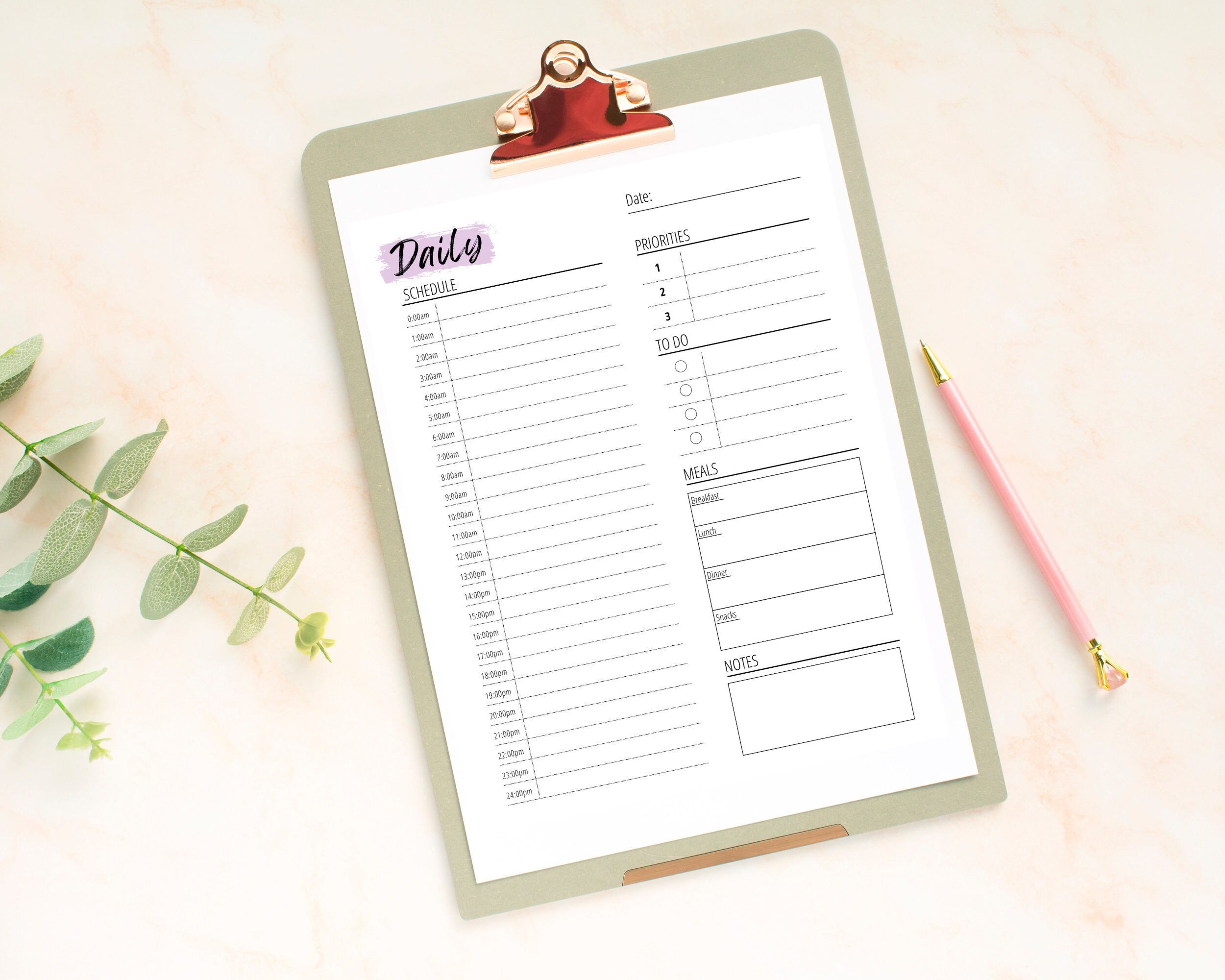 Daily Planner | 24 Hour Daily Planner Printable | Hourly | Work Day ...