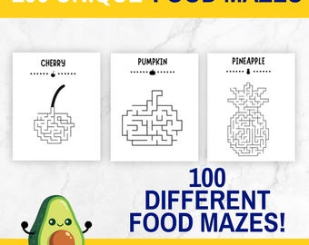 Food Mazes for Kids Printable | 100 Maze Activity Pages | PDF Download | Preschool & Kindergarten Worksheets | Brain Games
