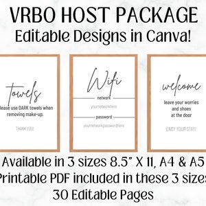 May include: Three printable signs for a VRBO host, with text that reads "Towels", "Wifi", and "Welcome". The signs are in a simple, modern style with black text on a white background. The signs are available in three sizes: 8.5" x 11", A4, and A5.