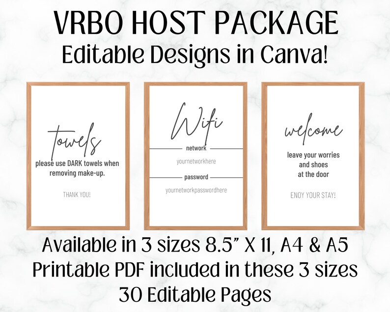 May include: Three printable signs for a VRBO host, with text that reads "Towels", "Wifi", and "Welcome". The signs are in a simple, modern style with black text on a white background. The signs are available in three sizes: 8.5" x 11", A4, and A5.