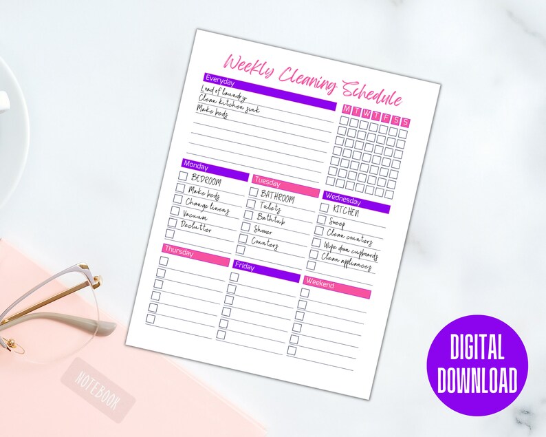 May include: A printable weekly cleaning schedule checklist with a pink and purple color scheme. The checklist includes daily, weekly, and weekend tasks. The days of the week are listed across the top, and the tasks are listed in columns below each day. The tasks include making the bed, doing laundry, cleaning the kitchen, cleaning the bathroom, and cleaning the kitchen.