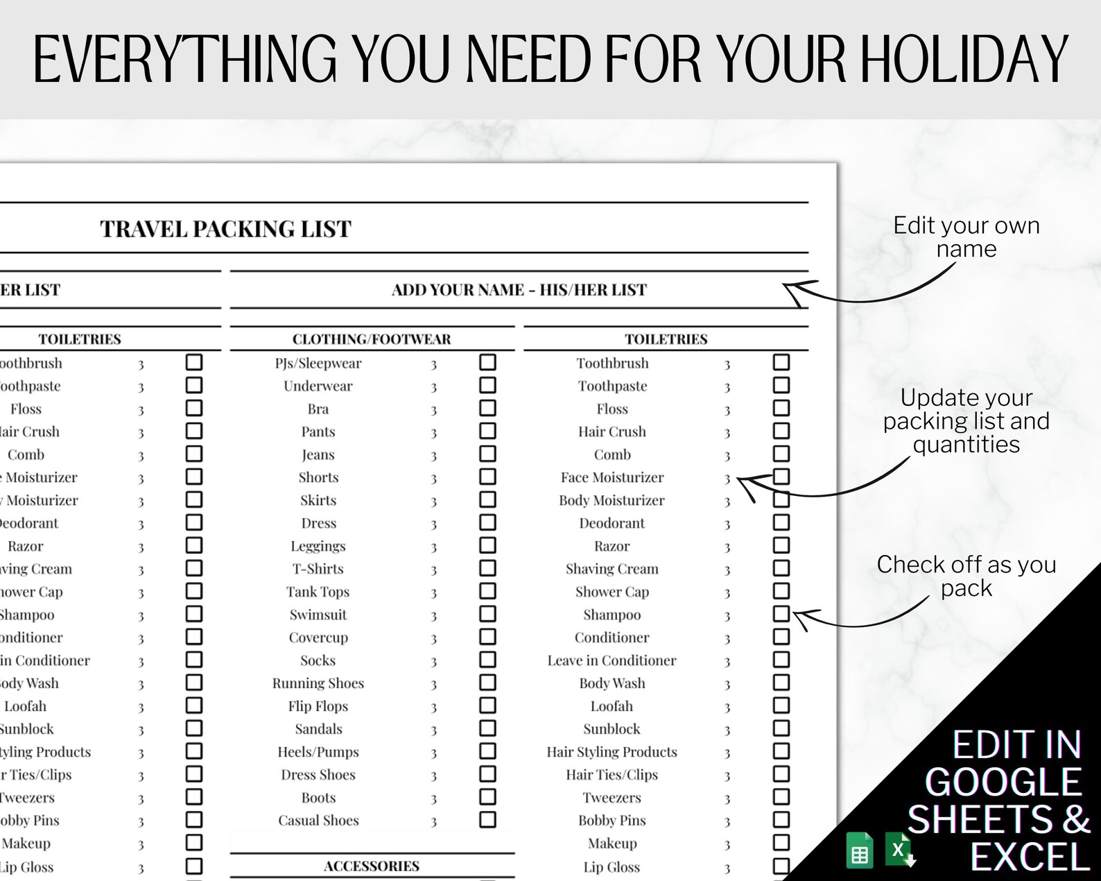 Travel Packing List Google Sheets Packing Checklist EDITABLE Wedding
