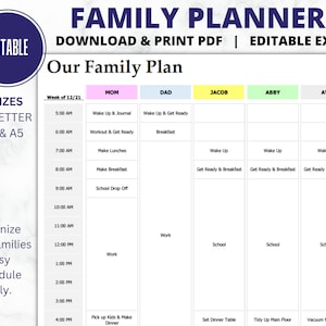EDITABLE Daily Family Planner Schedule | Hourly Planner | Family Organizer | Datebook | Planning Aid | Download & Edit