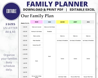 Horario EDITABLE del planificador familiar diario / Planificador por horas / Organizador familiar / Agenda / Ayuda de planificación / Descargar y editar