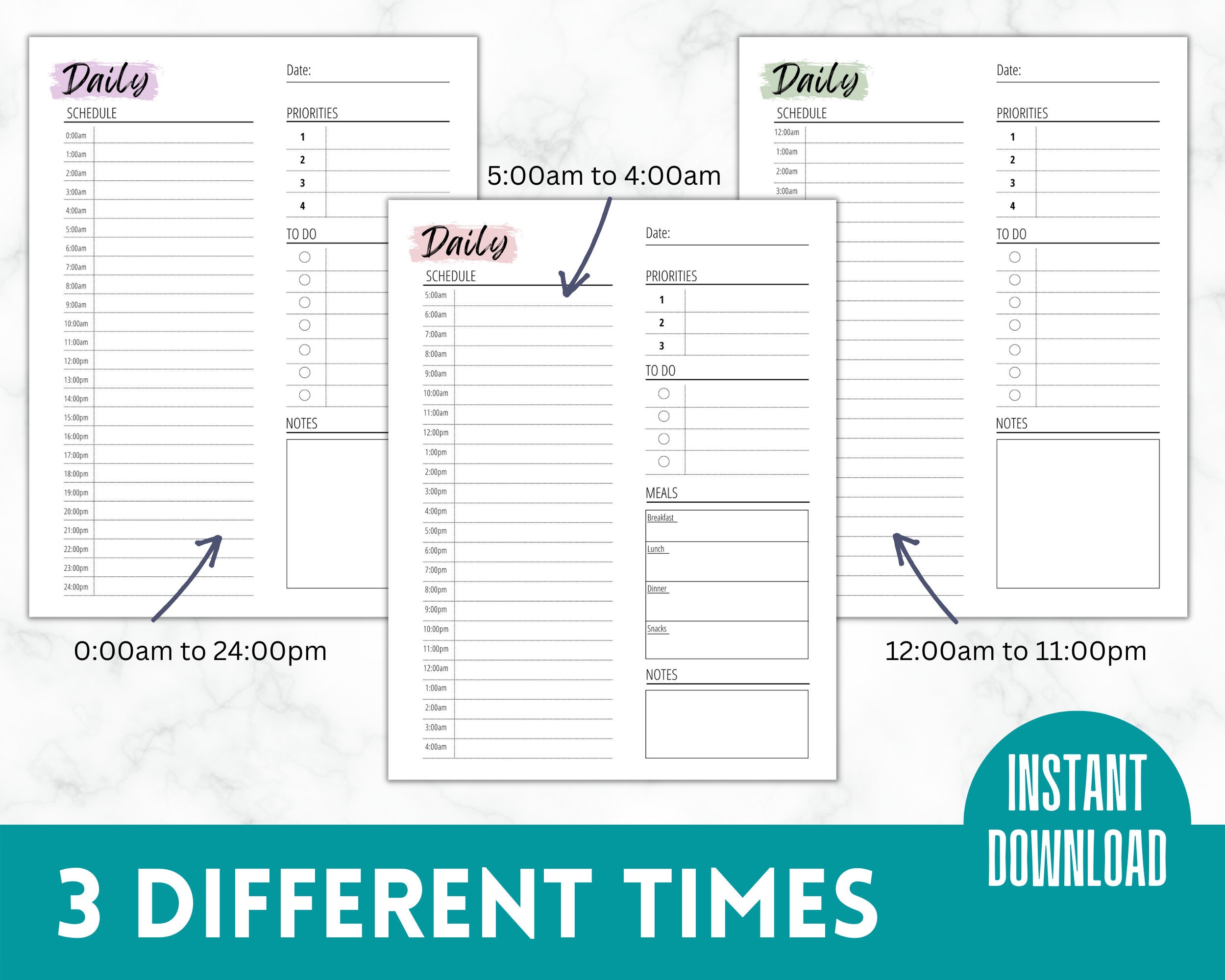 Daily Planner | 24 Hour Daily Planner Printable | Hourly | Work Day ...