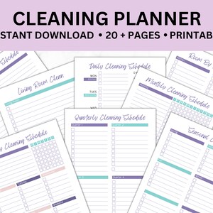 May include: Printable cleaning planner with a purple and teal color scheme. The planner includes daily, weekly, monthly, quarterly, and seasonal cleaning schedules. The planner also includes a room-by-room cleaning checklist.