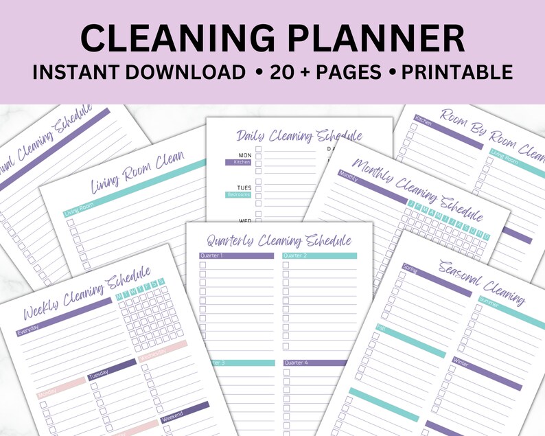 May include: Printable cleaning planner with a purple and teal color scheme. The planner includes daily, weekly, monthly, quarterly, and seasonal cleaning schedules. The planner also includes a room-by-room cleaning checklist.