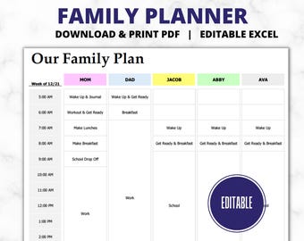 EDITABLE Daily Family Planner Schedule | Hourly Planner | Family Organizer | Datebook | Planning Aid | Download & Edit