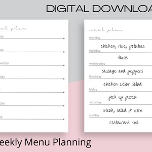 May include: A printable weekly meal planner with a blank side and a side with a sample meal plan for each day of the week. The text "meal plan" and "Weekly Menu Planning" are included.