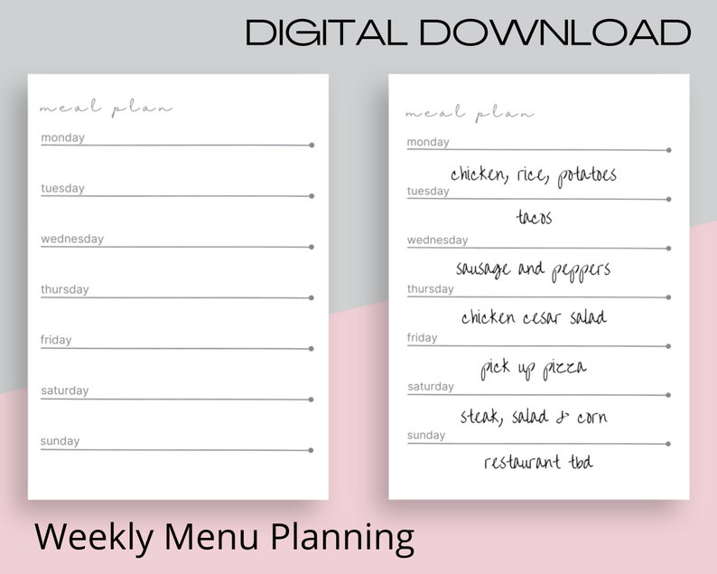 May include: A printable weekly meal planner with a blank side and a side with a sample meal plan for each day of the week. The text "meal plan" and "Weekly Menu Planning" are included.