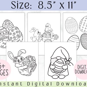 Pode incluir: Um conjunto de mais de 135 p&aacute;ginas para colorir imprim&iacute;veis com ilustra&ccedil;&otilde;es com tema de P&aacute;scoa. As p&aacute;ginas incluem imagens de coelhos, gnomos, pintinhos e ovos. As p&aacute;ginas s&atilde;o projetadas para papel de 8,5 x 11 polegadas.