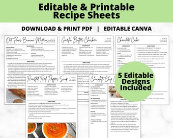 Modello di ricetta per Microsoft Word / Pagina di ricettario modificabile / Pianificatore di pasti minimalista / Raccoglitore da cucina / Download immediato