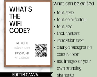 WiFi Password Template | Canva Printable | Airbnb Welcome | QR Code Display | Vacation Rental Decor | Instant Download
